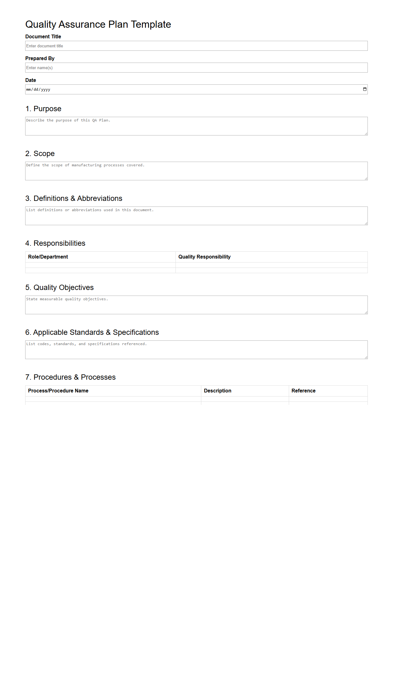 Blank Quality Assurance Plan Template for Manufacturing
