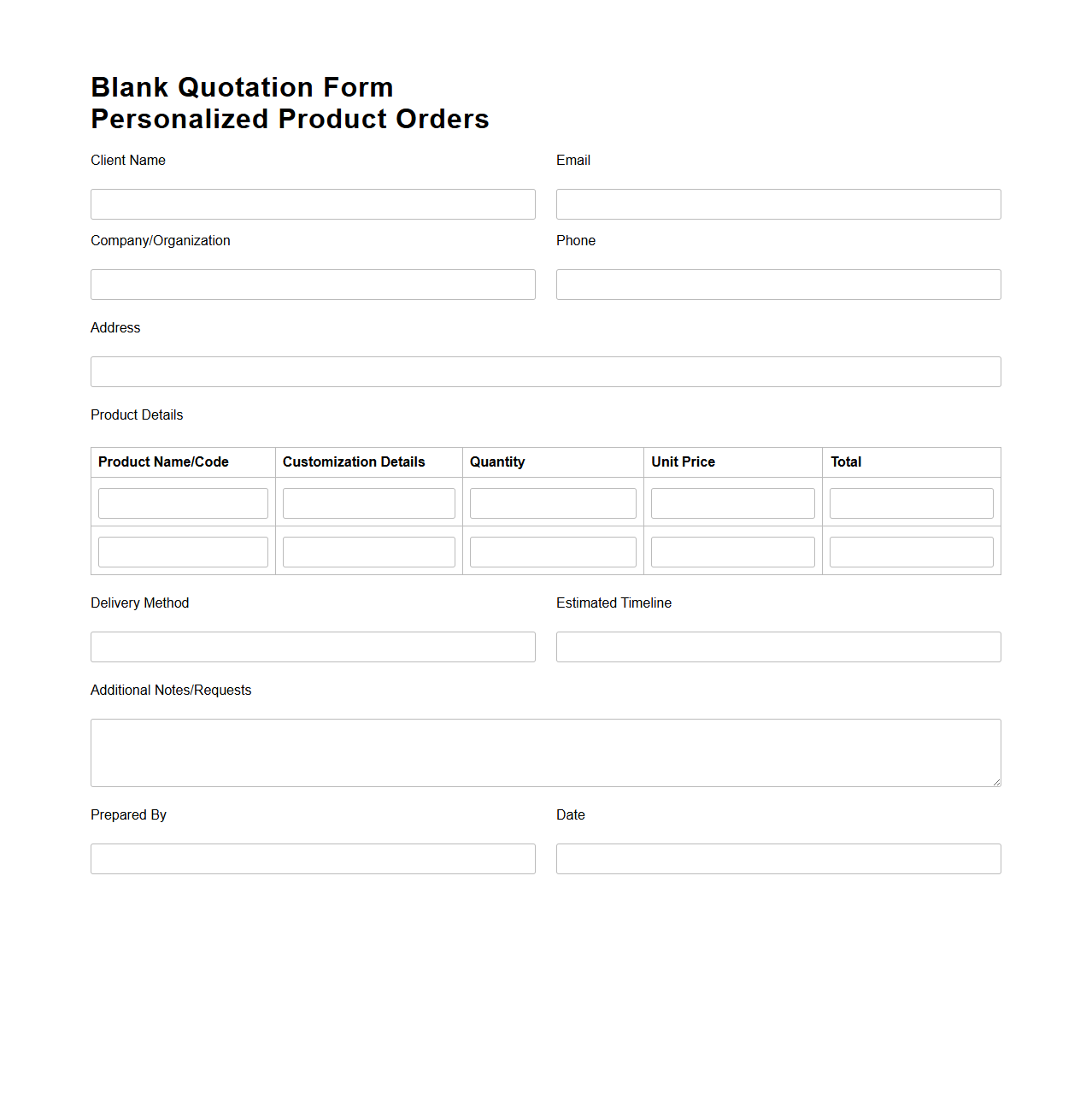 Blank Quotation Form for Personalized Product Orders