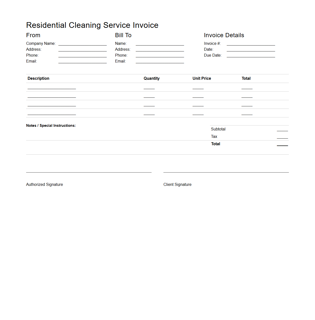Blank Residential Cleaning Service Invoice Template