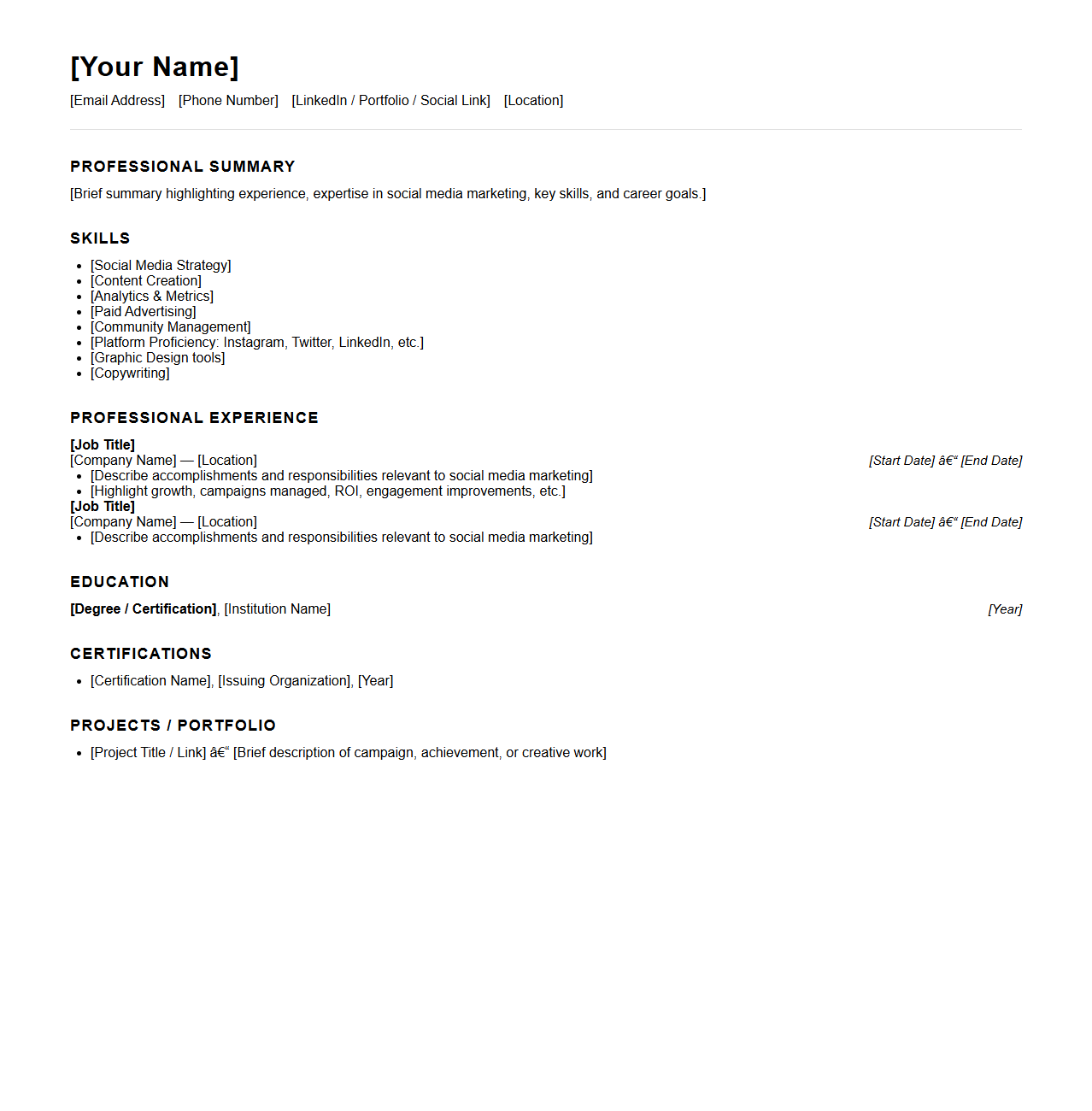 Blank Resume Blueprint for Social Media Marketers