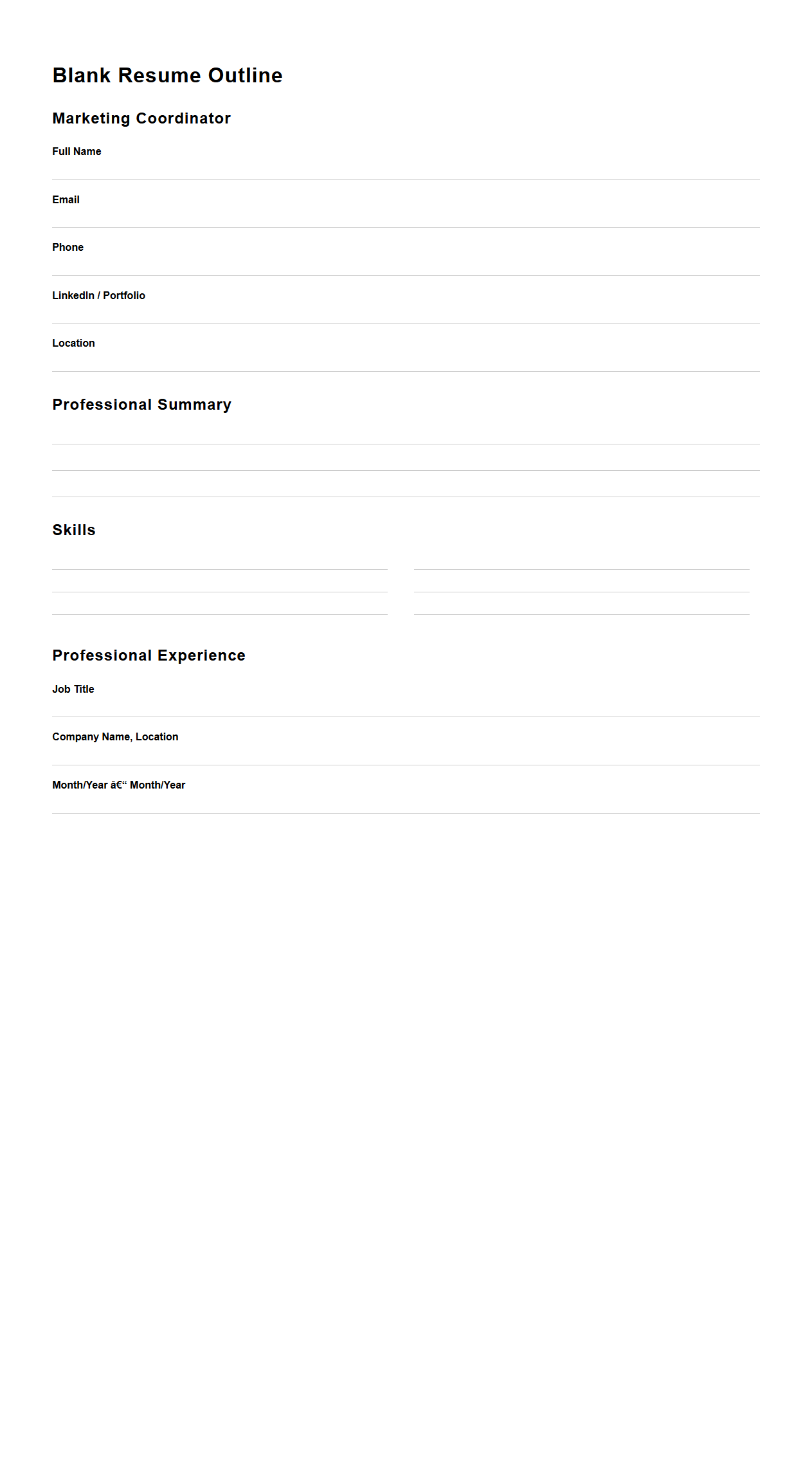 Blank Resume Outline for Marketing Coordinators