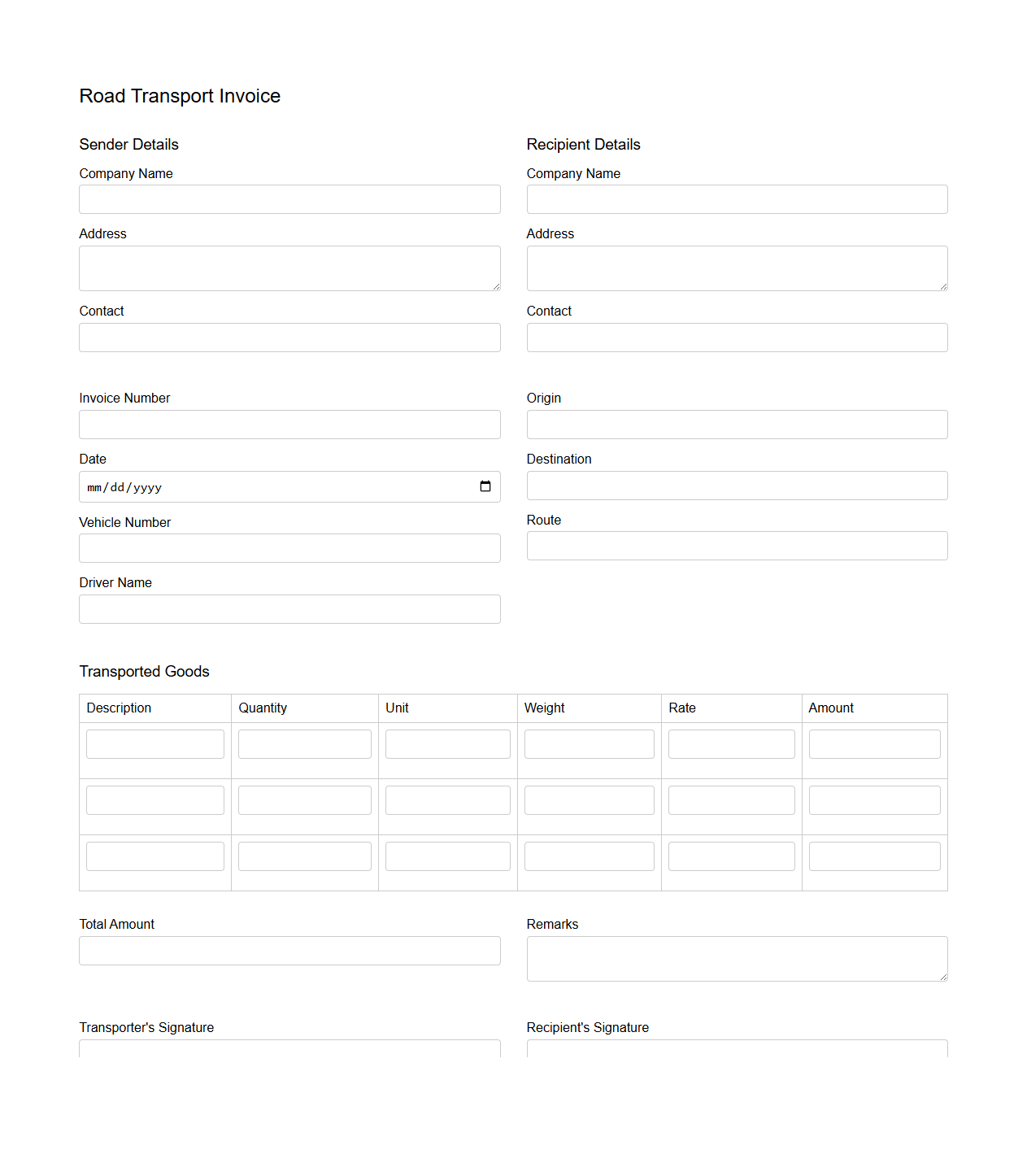 Blank Road Transport Invoice Form