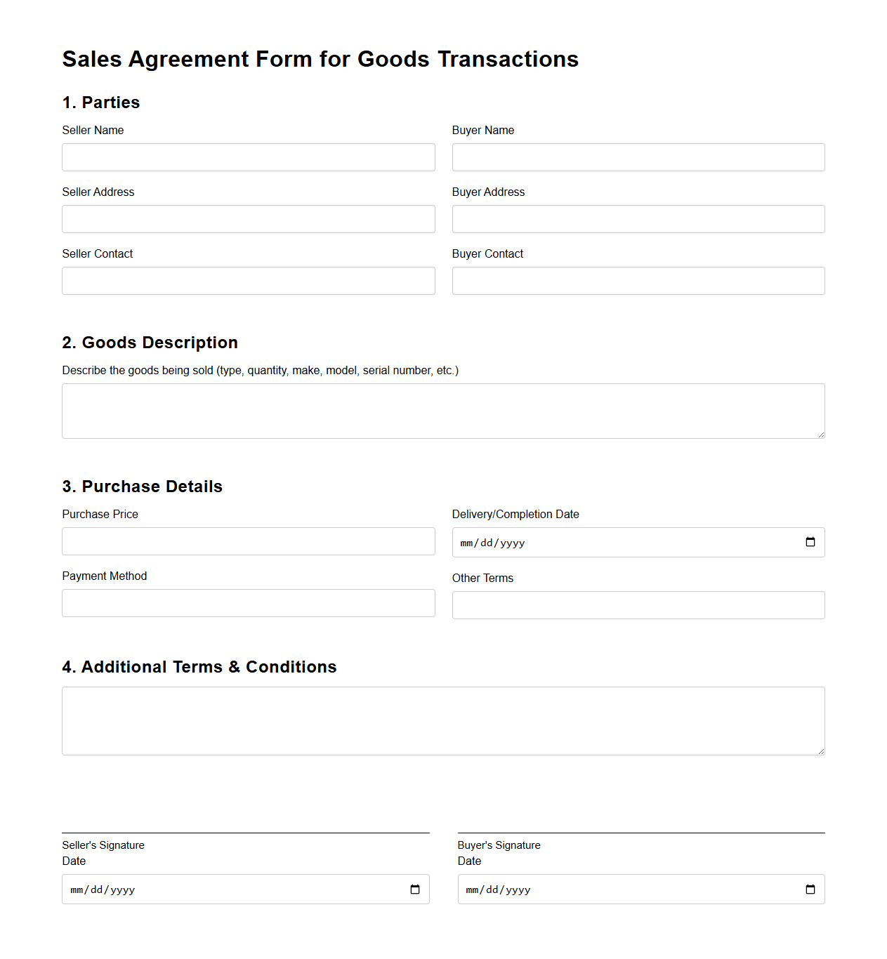 Blank Sales Agreement Form for Goods Transactions