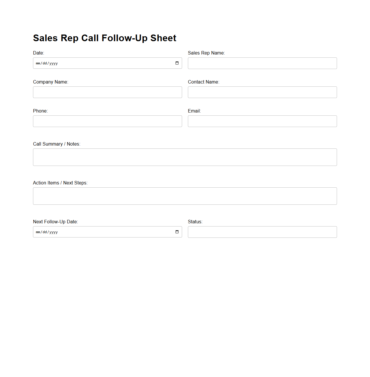 Blank Sales Rep Call Follow-Up Sheet