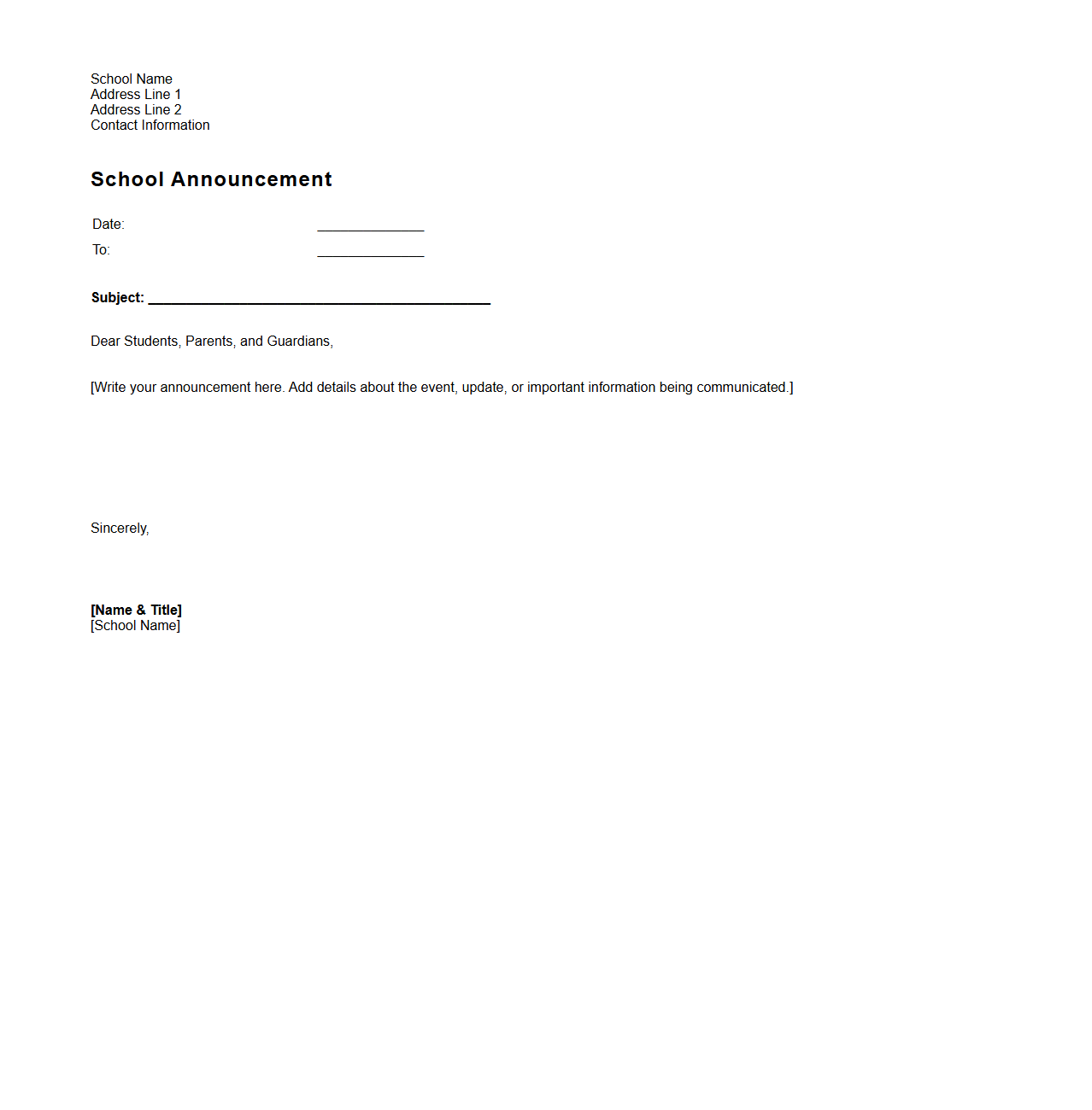 Blank School Announcement Letter Layout