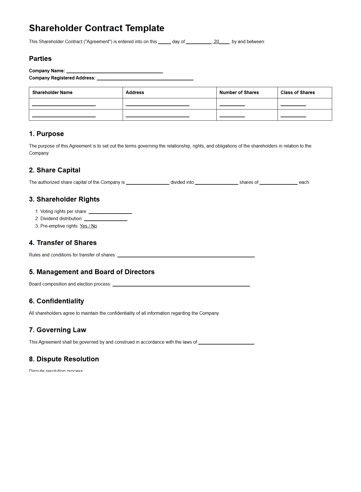Blank Shareholder Contract Template for Enterprises
