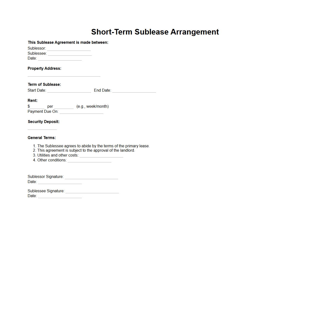 Blank Short-Term Sublease Arrangement