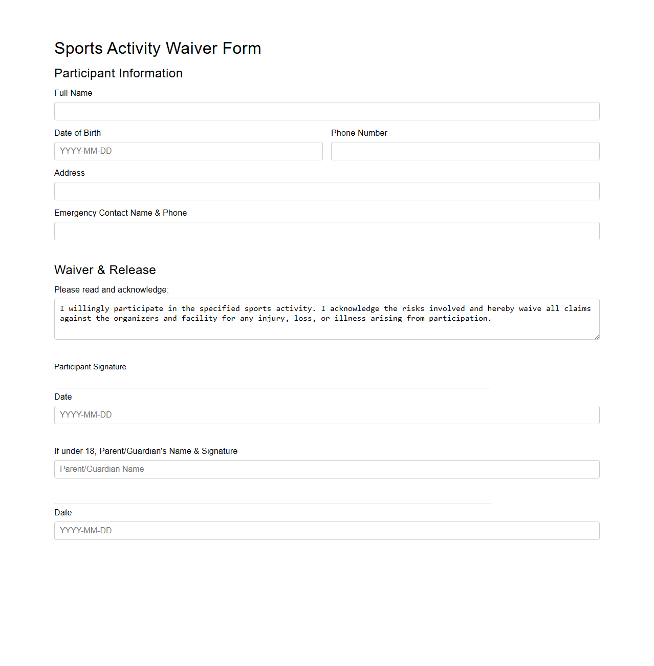 Blank Sports Activity Waiver Form Template