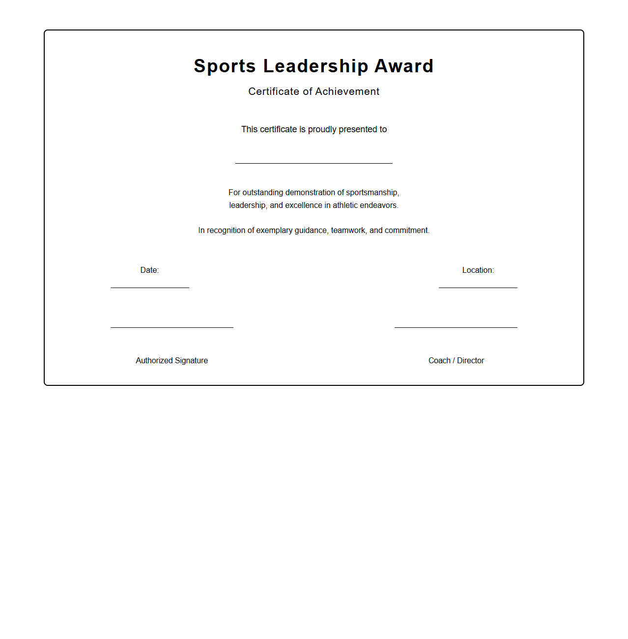 Blank Sports Leadership Award Certificate