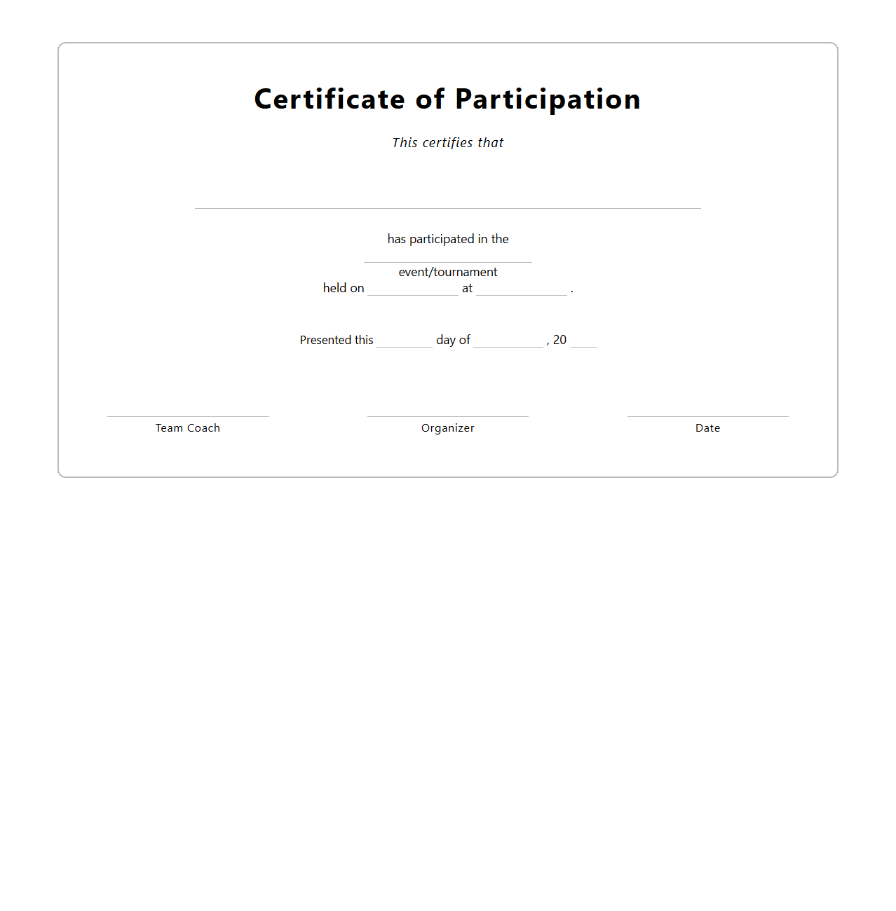 Blank Sports Participation Certificate Template for Teams