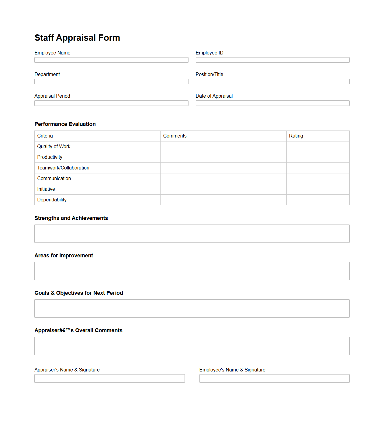 Blank Staff Appraisal Form Template