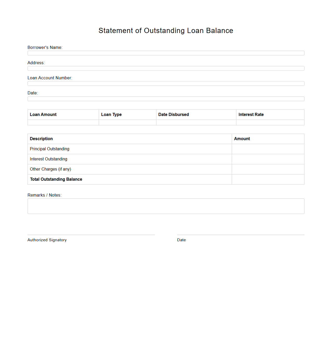 Blank Statement of Outstanding Loan Balance