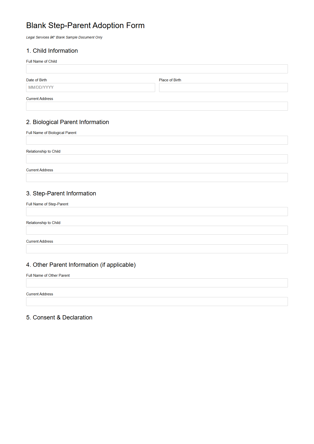 Blank Step-Parent Adoption Form for Legal Services