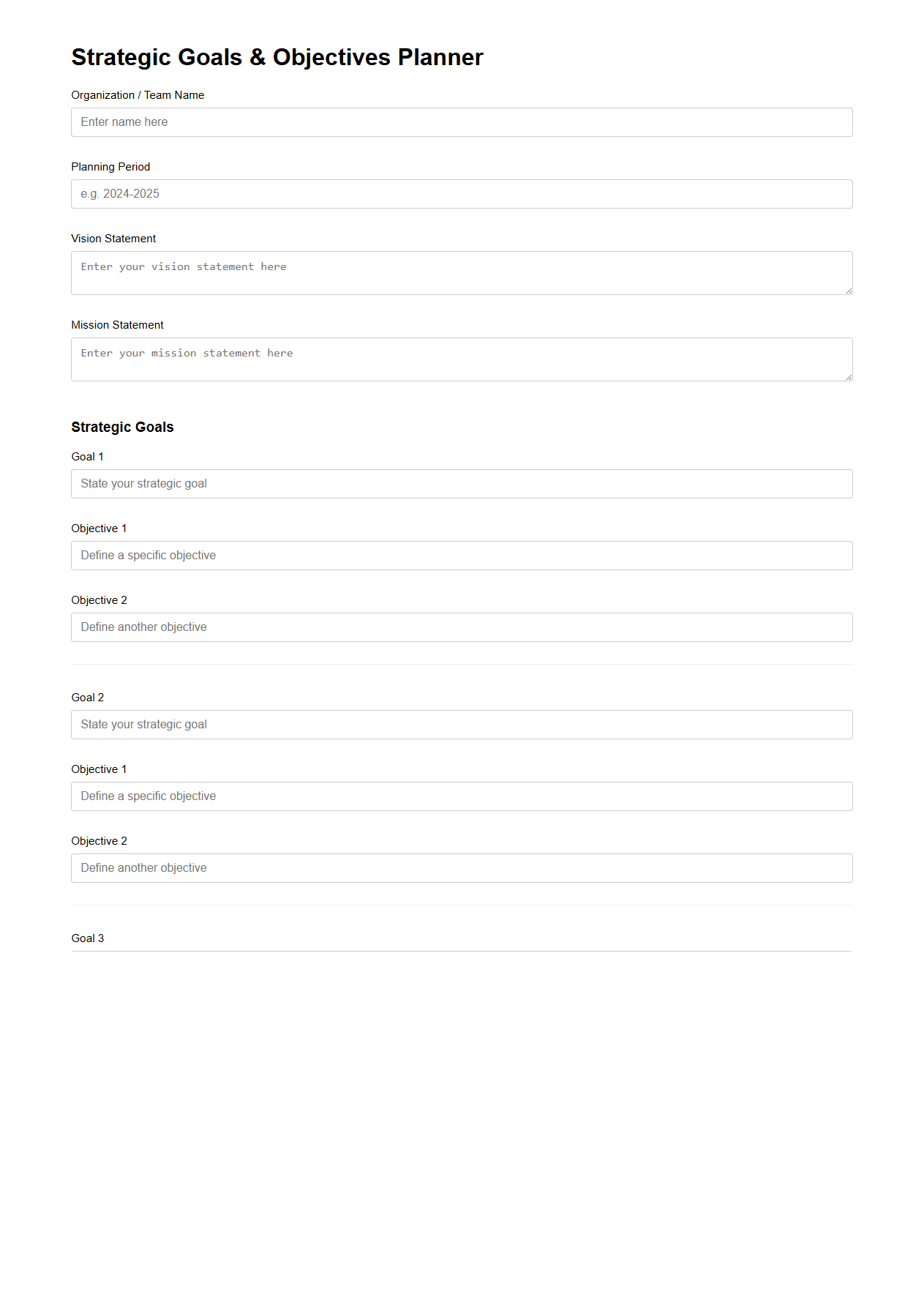Blank Strategic Goals and Objectives Planner