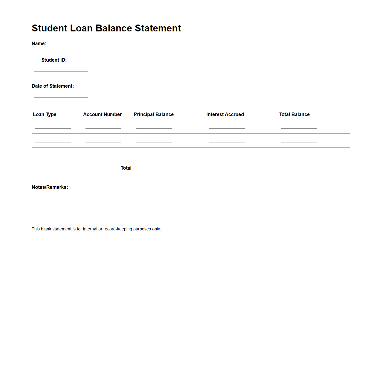 Blank Student Loan Balance Statement