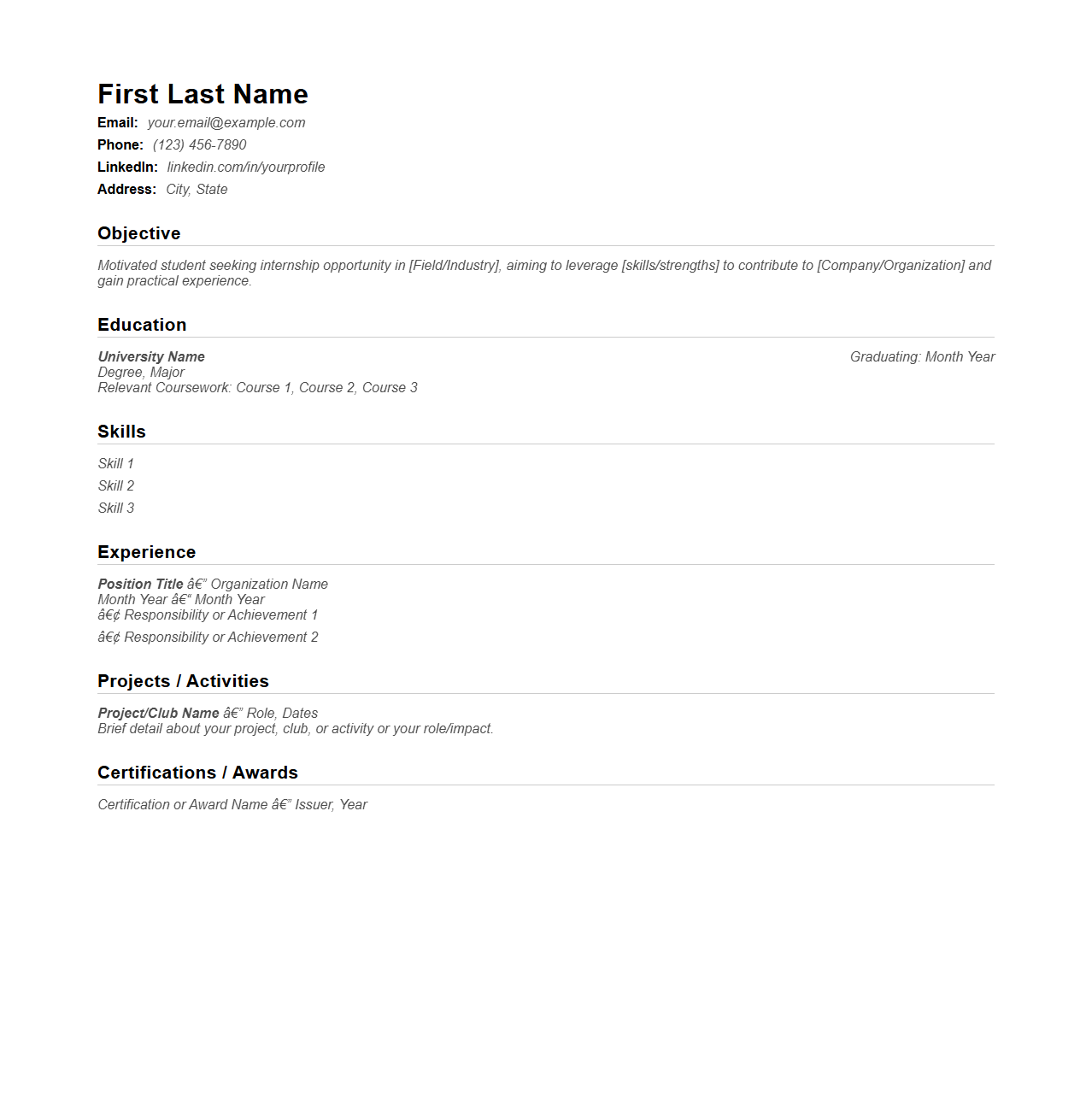 Blank Student Resume Template for Internships
