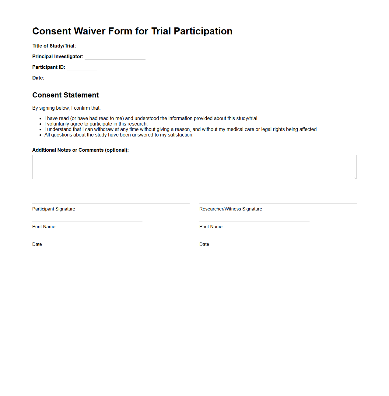 Blank Subject Consent Waiver Form for Trials
