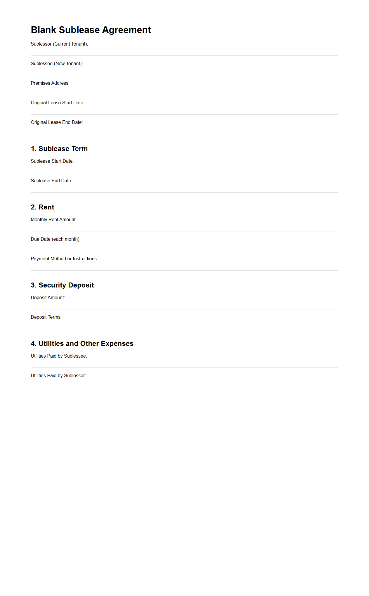 Blank Sublease Agreement Template