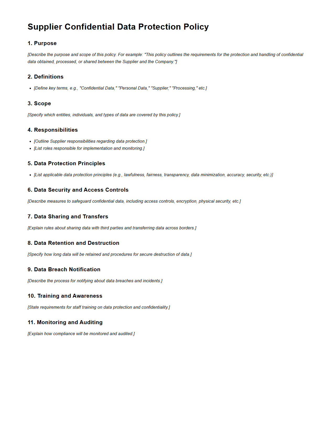 Blank Supplier Confidential Data Protection Policy Template
