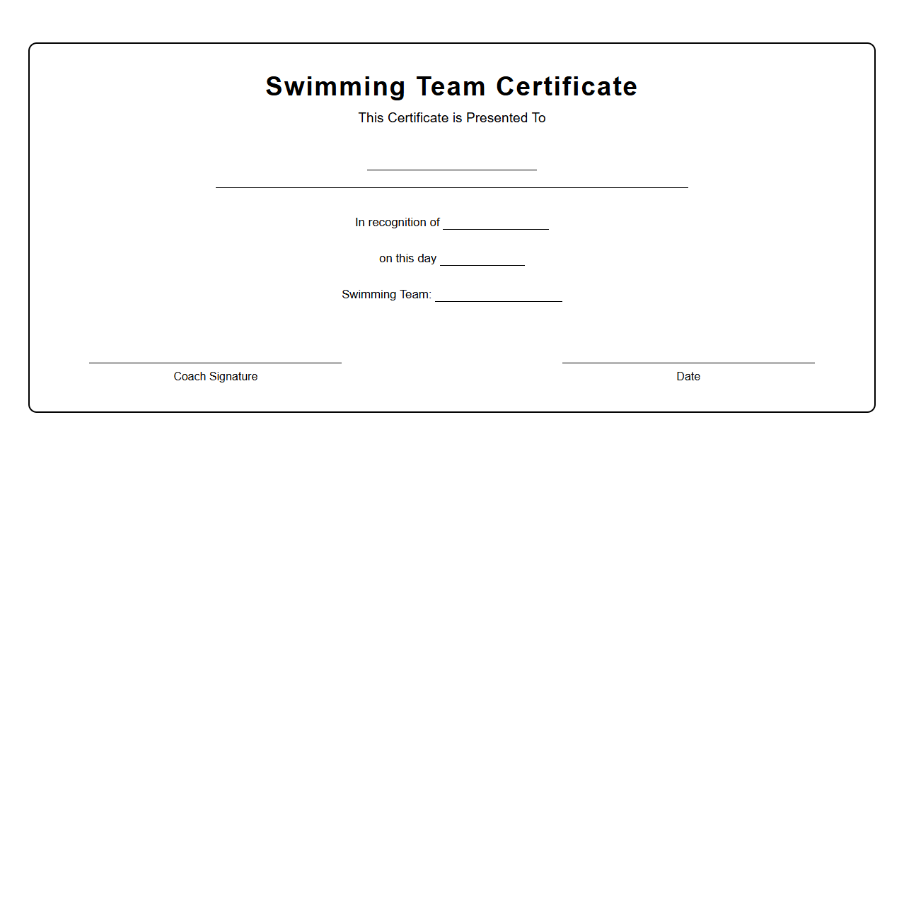 Blank Swimming Team Certificate Template