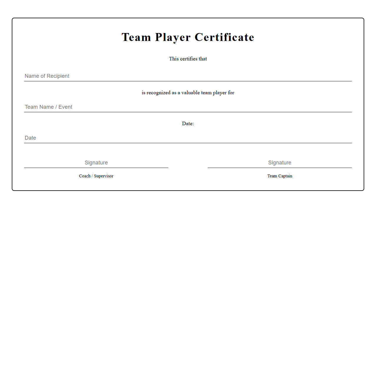 Blank Team Player Certificate Template