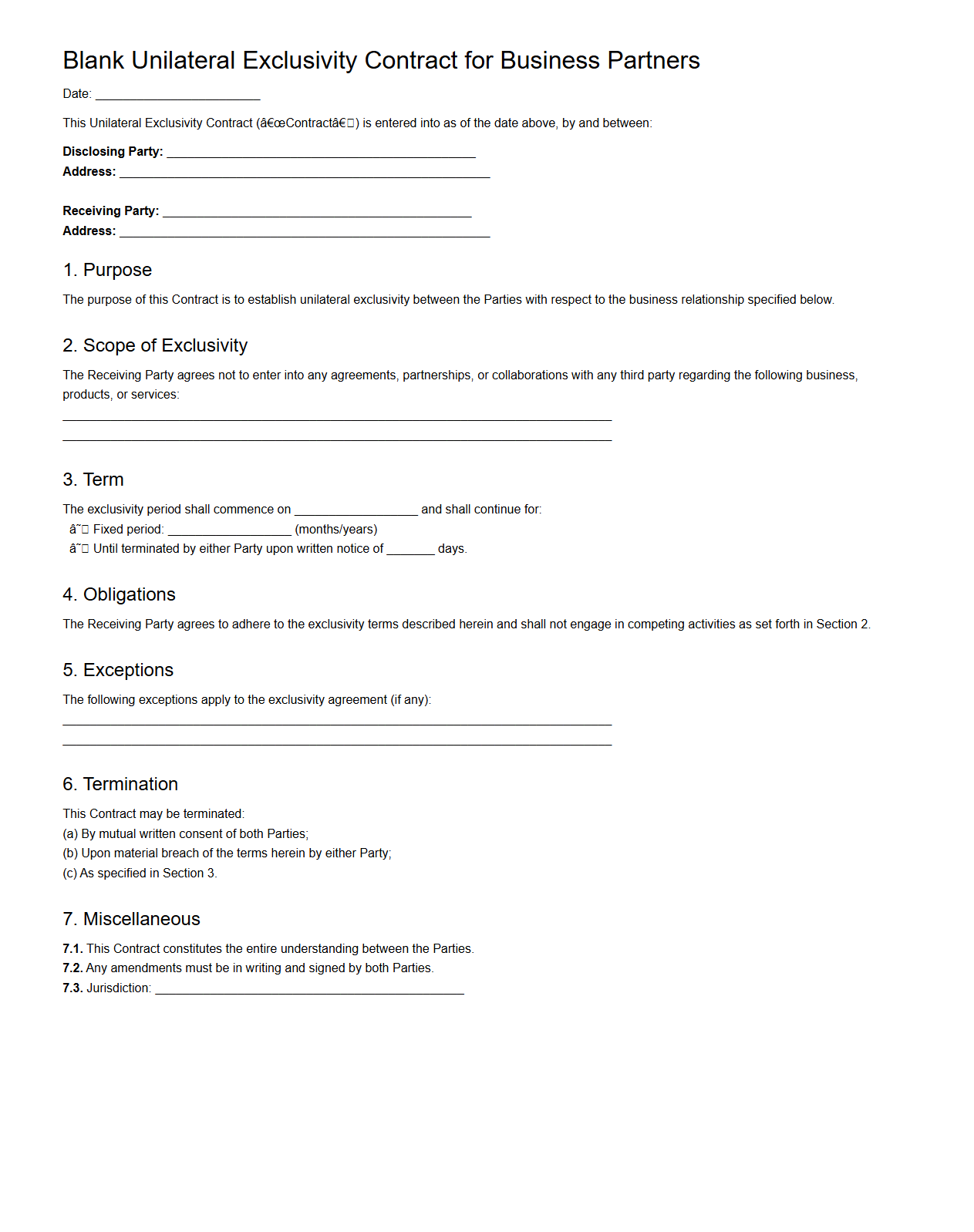 Blank Unilateral Exclusivity Contract for Business Partners