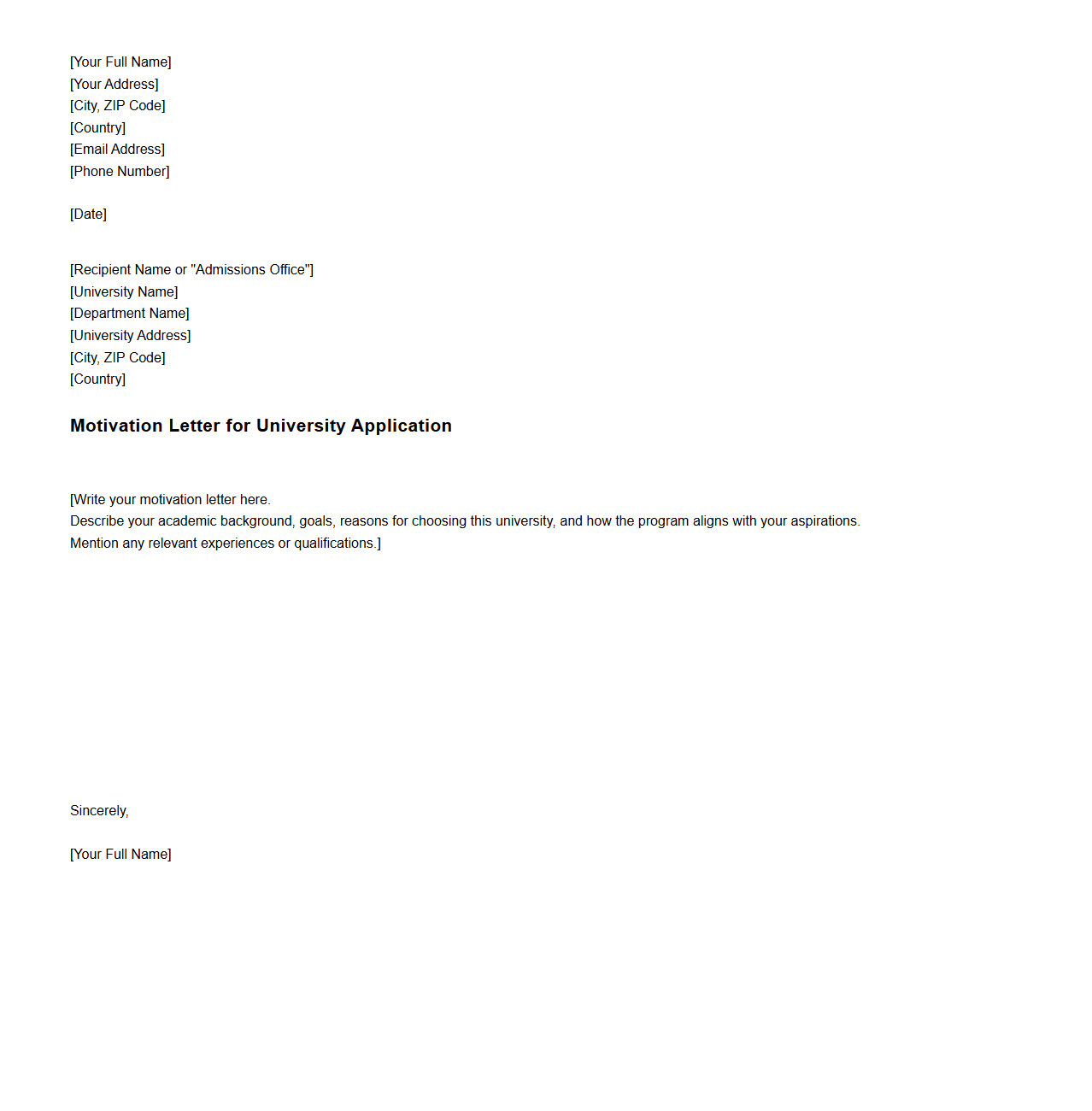 Blank University Application Motivation Letter Template