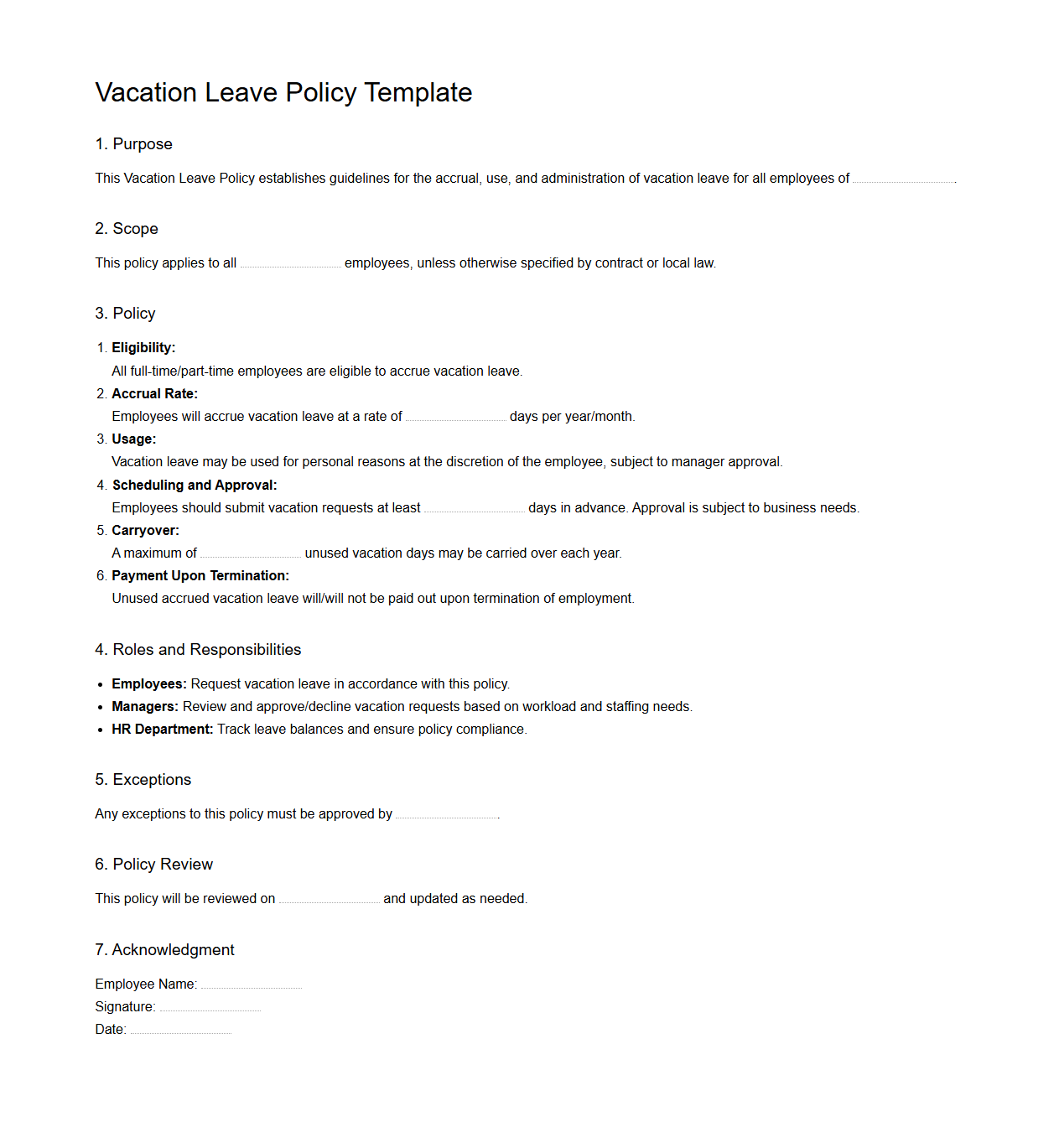 Blank Vacation Leave Policy Template