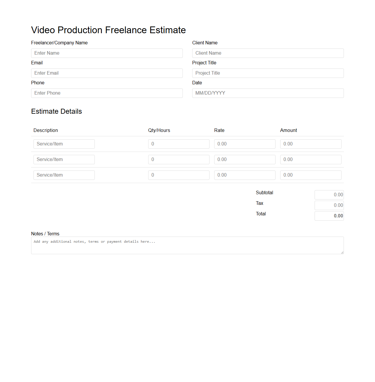 Blank Video Production Freelance Estimate