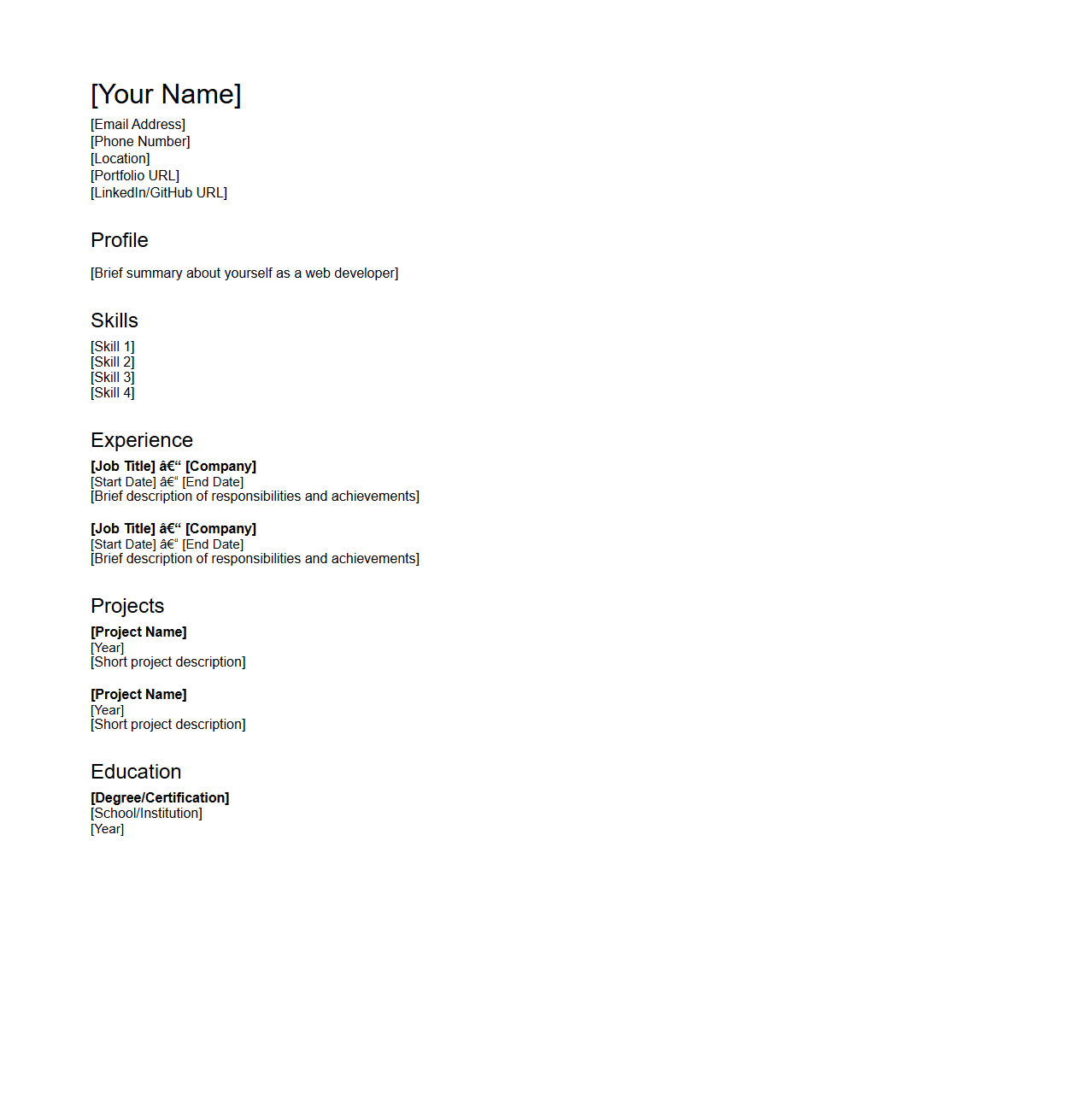 Blank Web Developer Curriculum Vitae Template