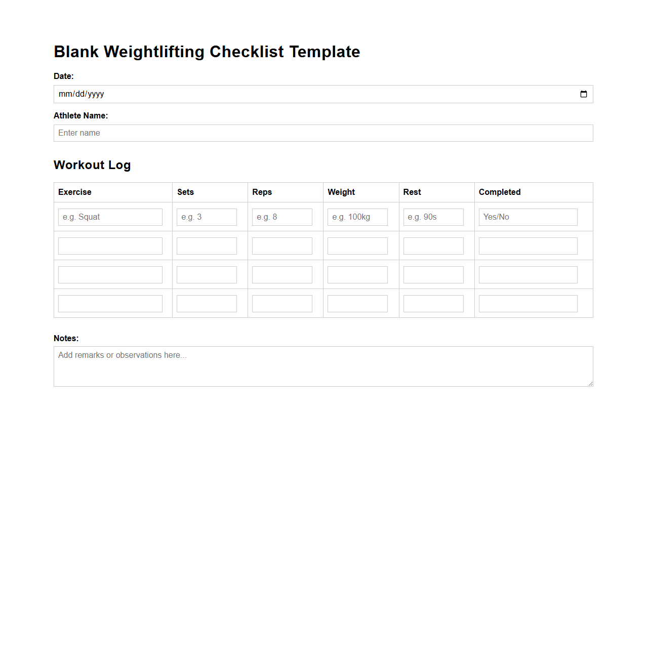 Blank Weightlifting Checklist Template for Daily Workout Logs