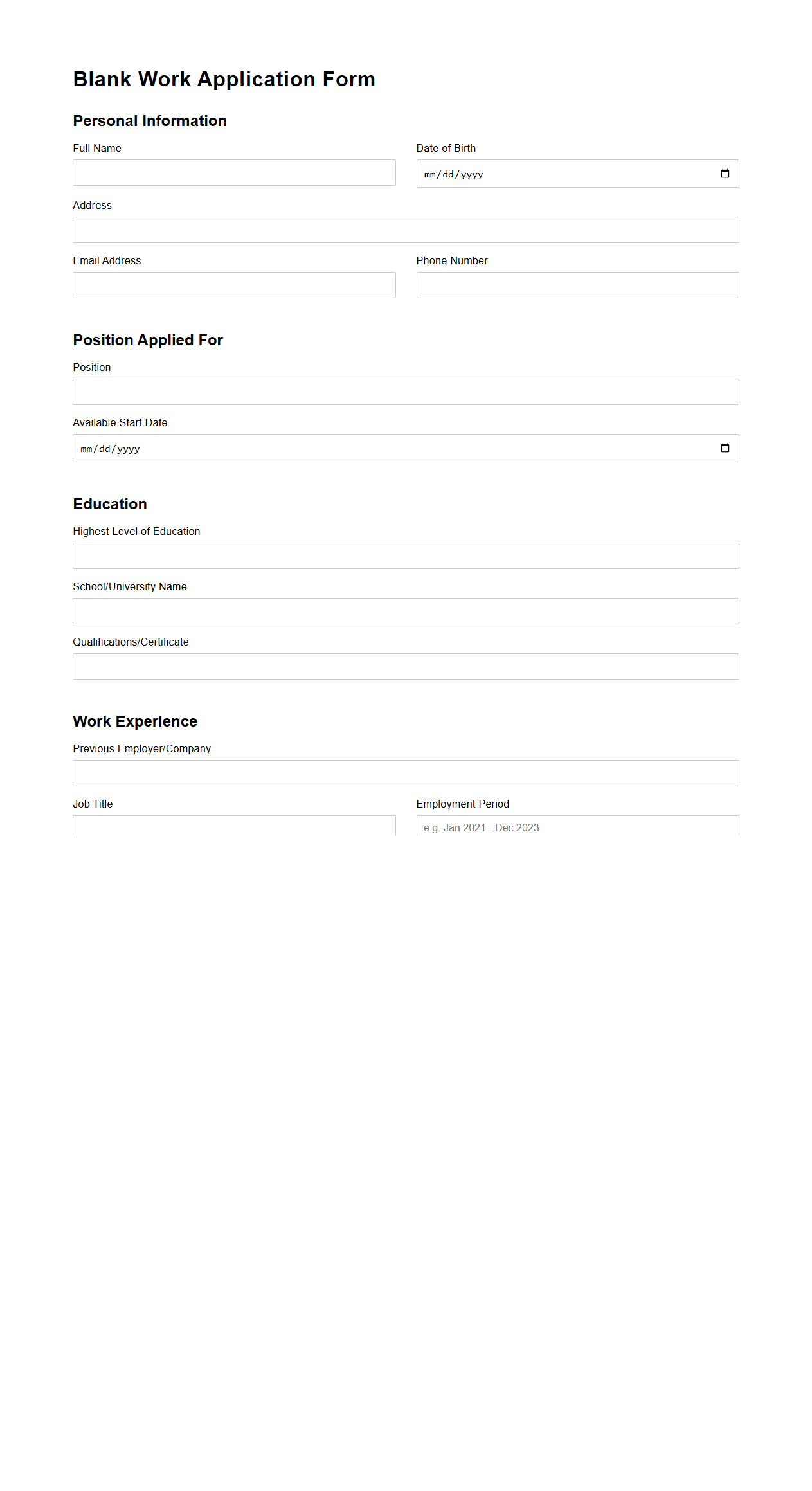 Blank Work Application Form for Job Seekers