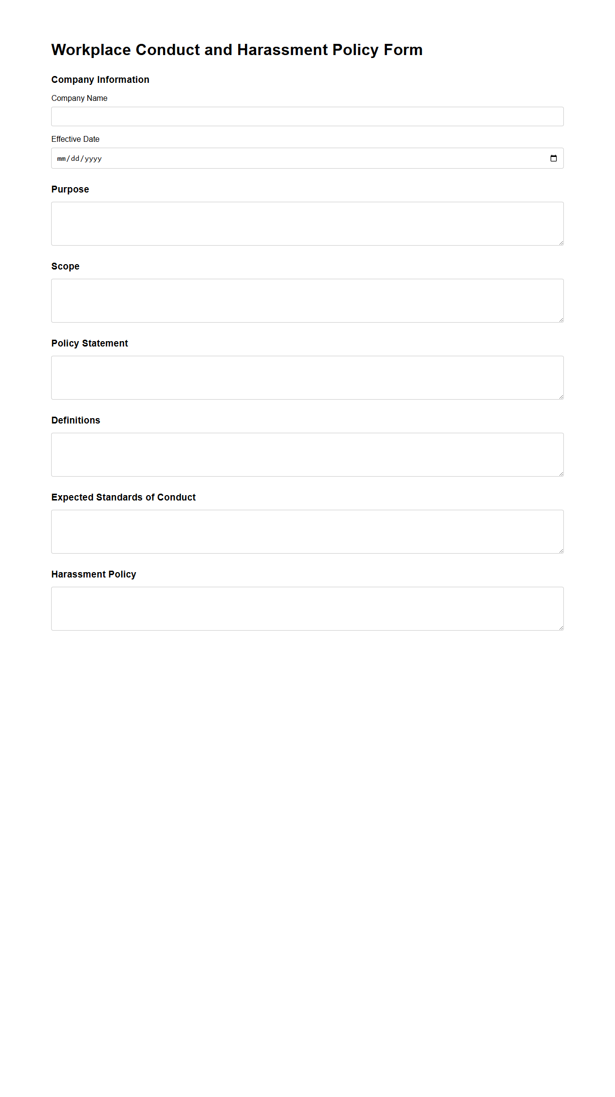 Blank Workplace Conduct and Harassment Policy Form