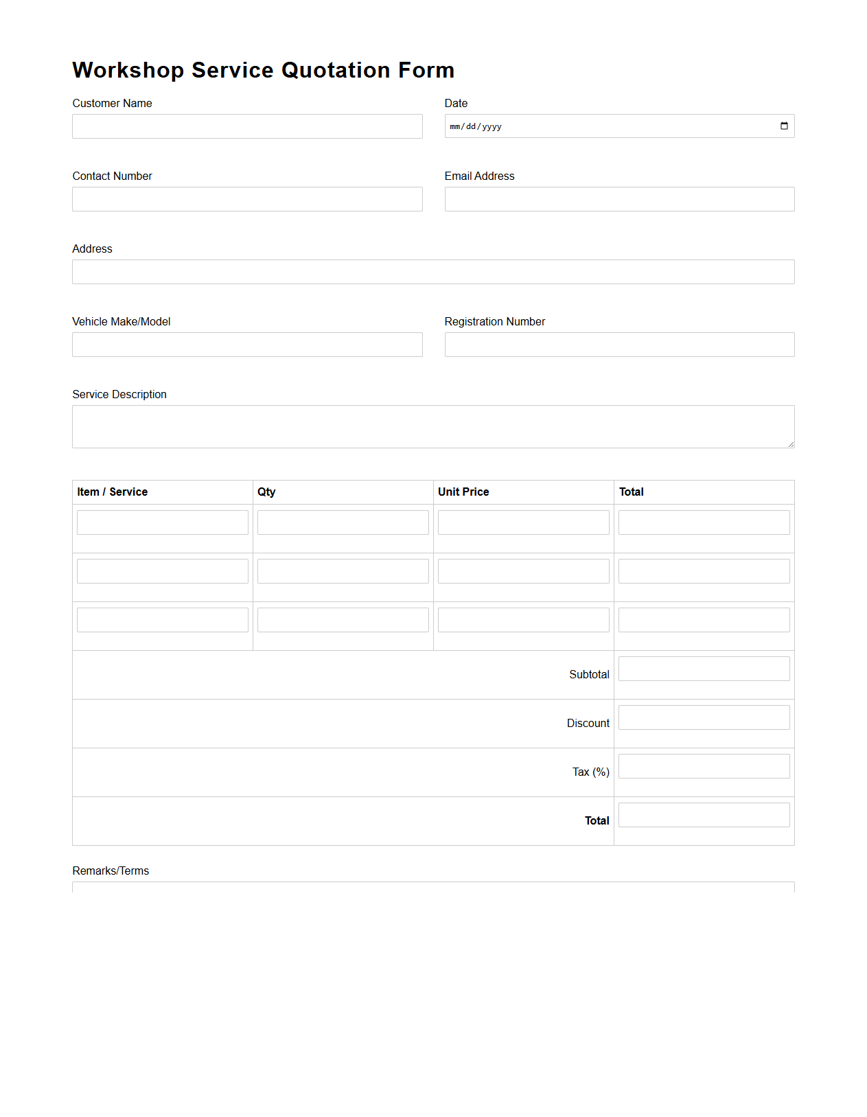 Blank Workshop Service Quotation Form