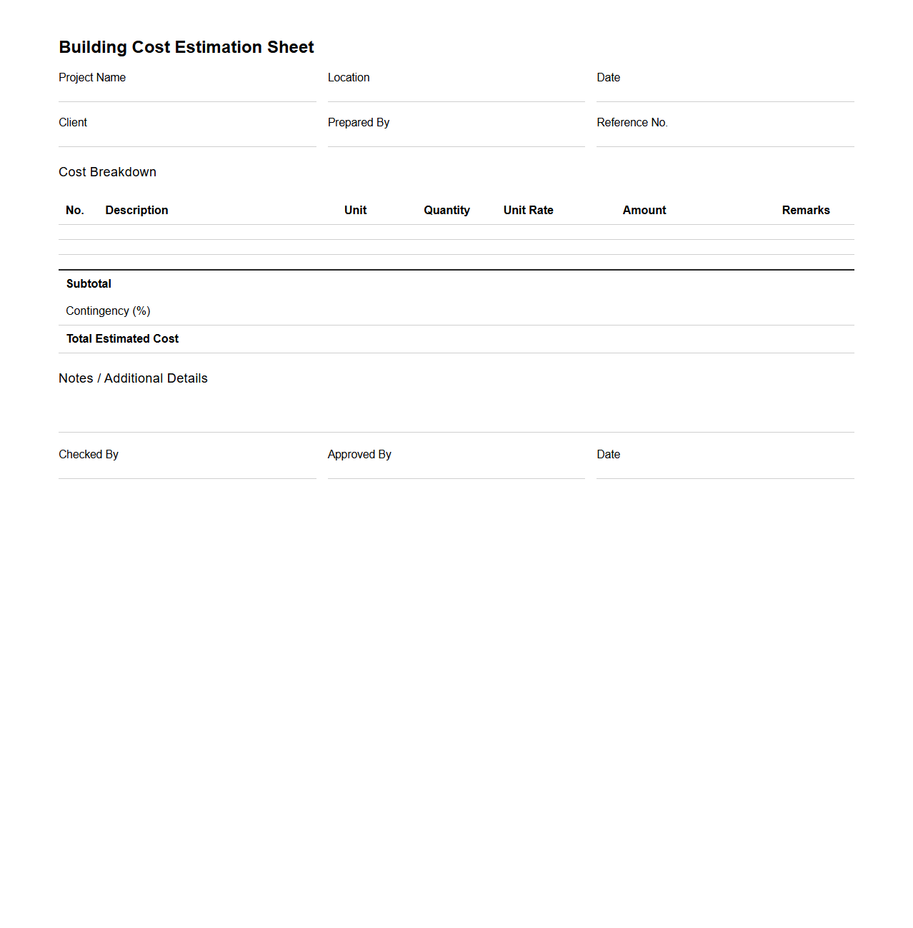 Building Cost Estimation Sheet Template