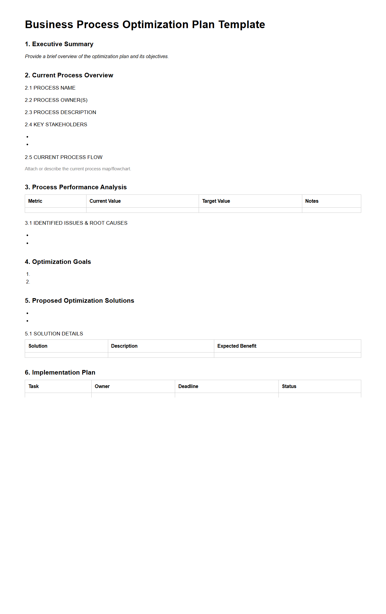 Business Process Optimization Plan Template