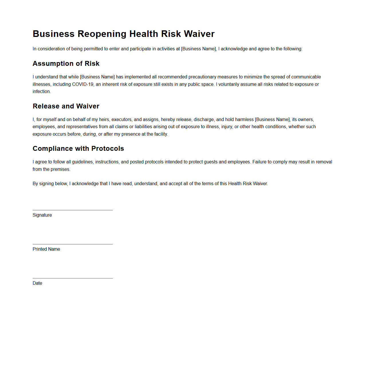 Business Reopening Health Risk Waiver