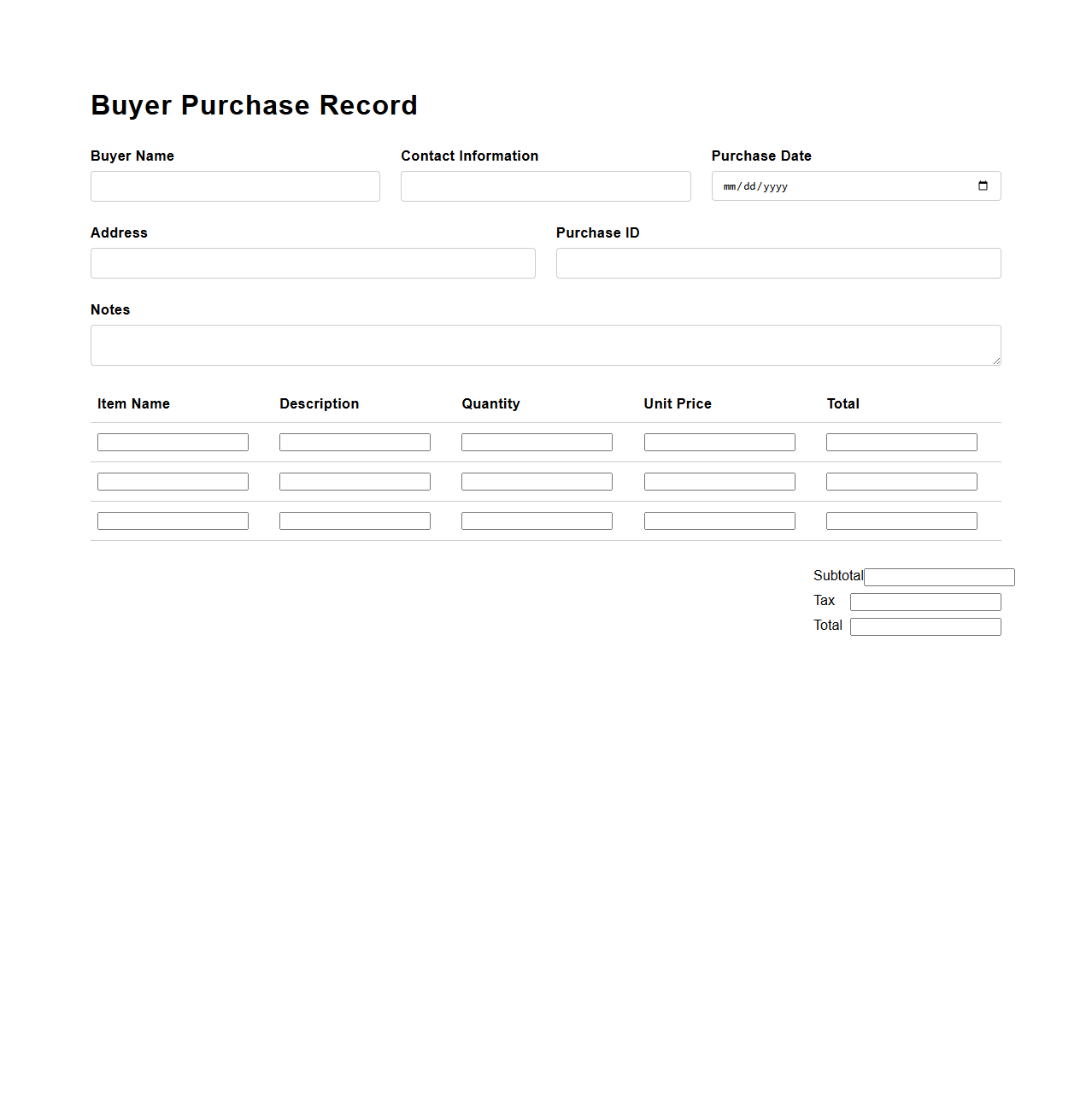 Buyer Purchase Record Template