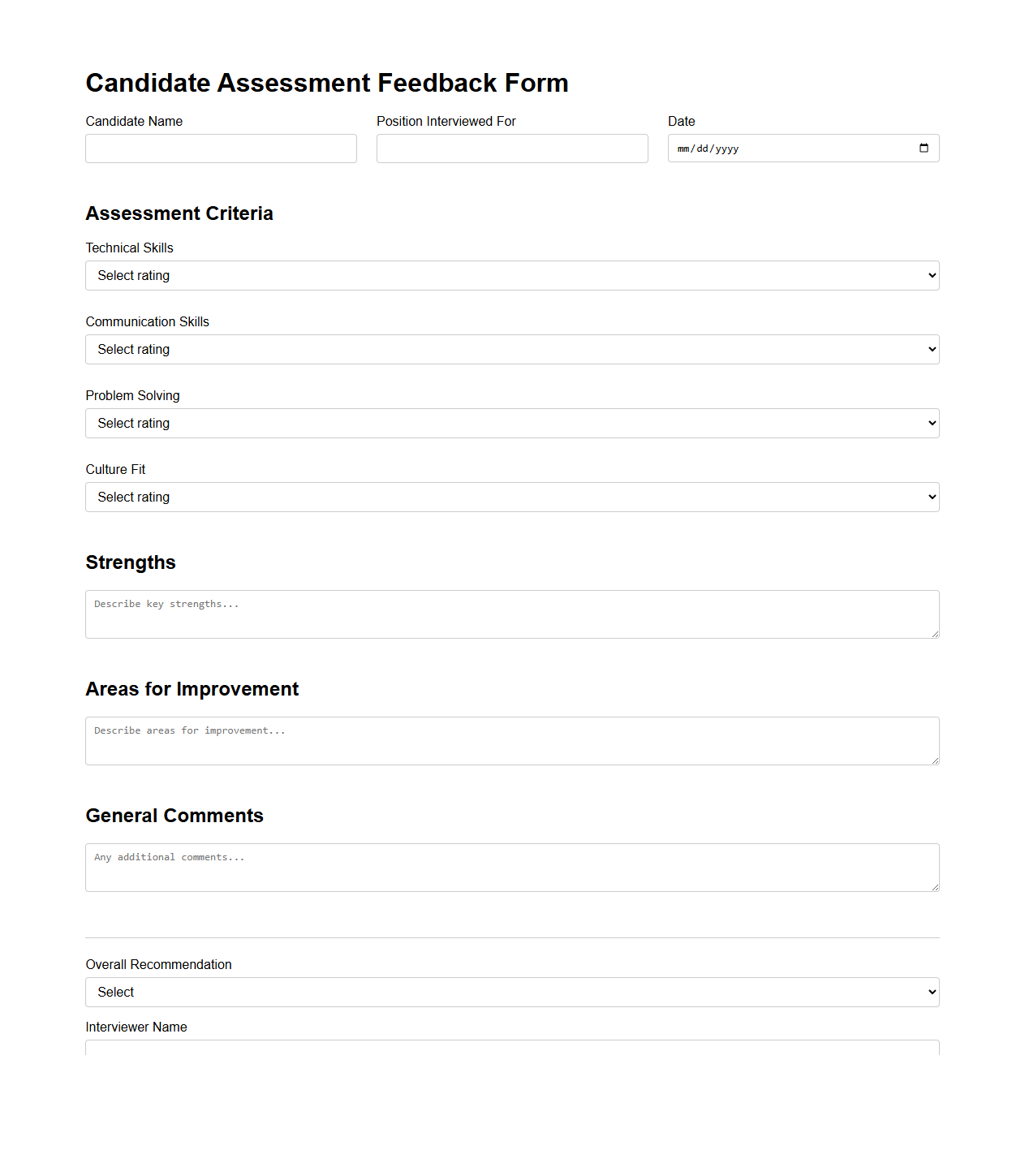 Candidate Assessment Feedback Form Template
