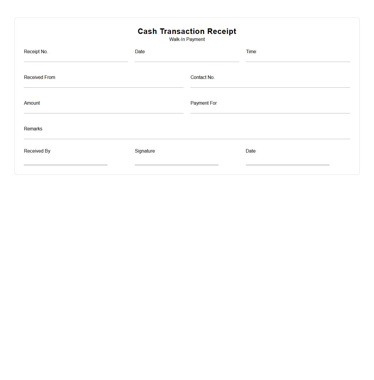 Cash Transaction Receipt Template for Walk-In Payments