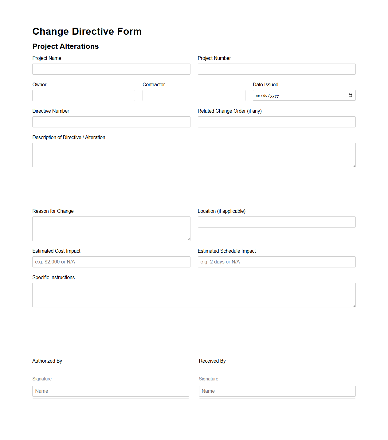 Change Directive Form for Project Alterations