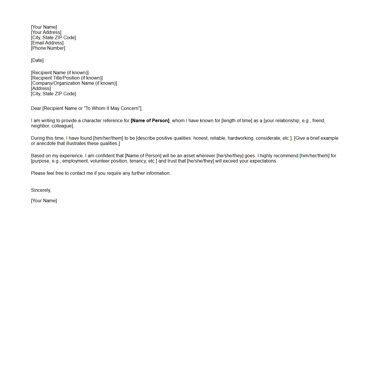 Character Reference Letter Template for Personal Endorsement