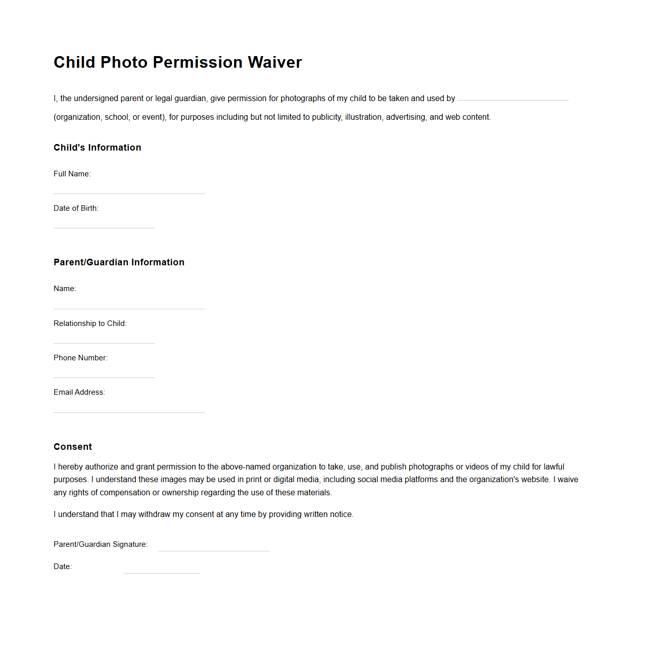 Child Photo Permission Waiver Template