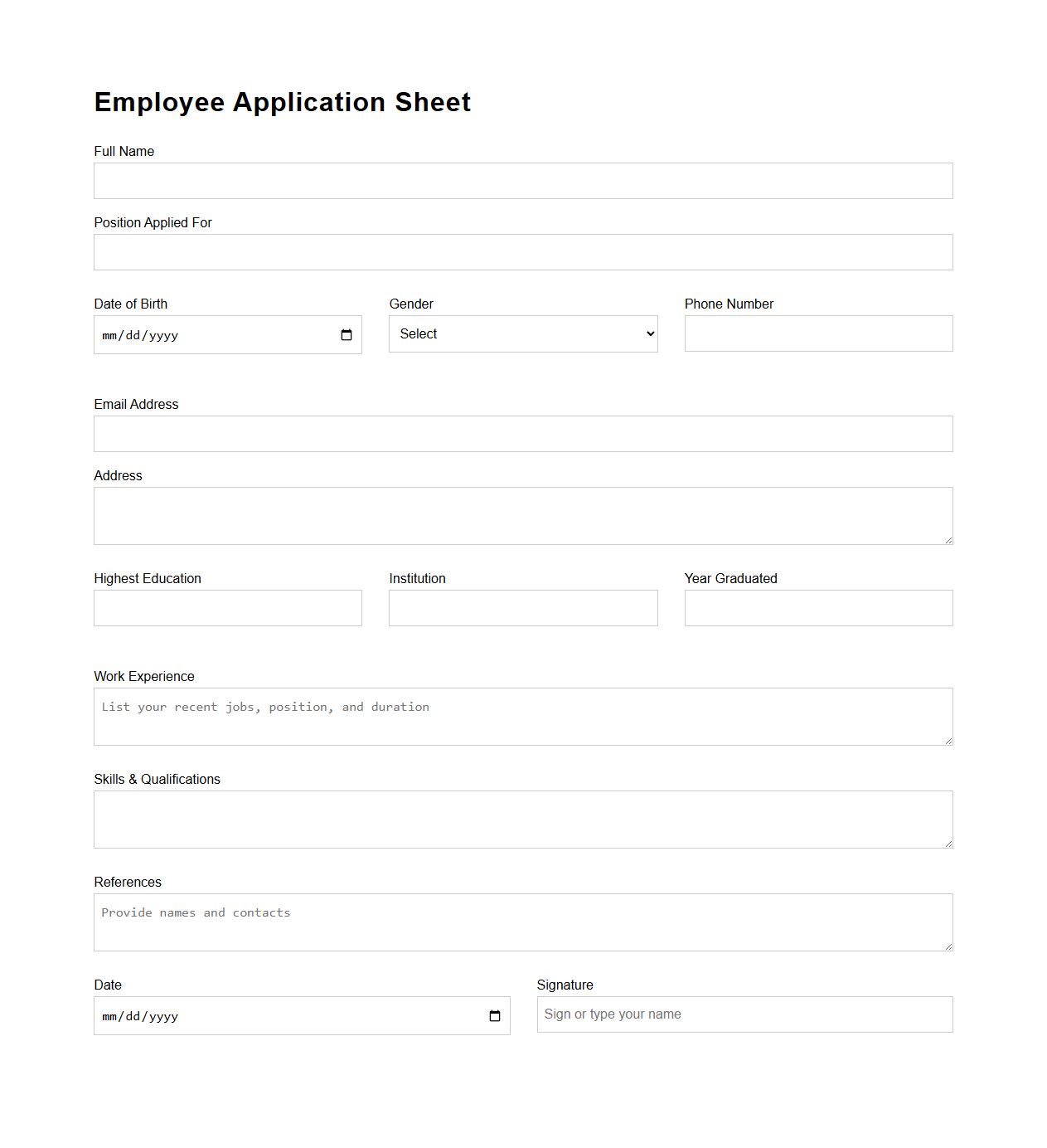 Clean Employee Application Sheet
