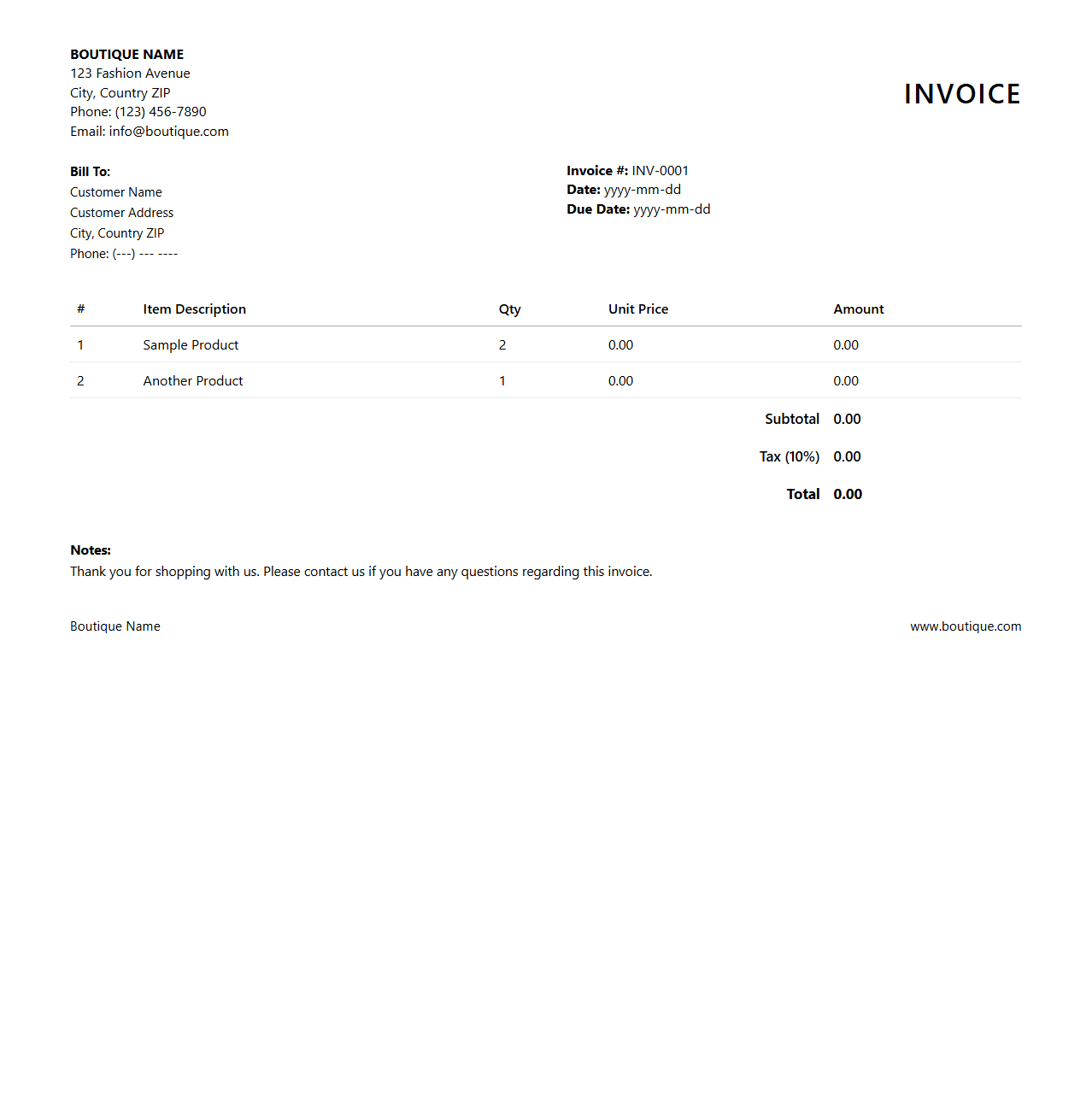 Clean Layout Sales Invoice Sheet for Boutiques
