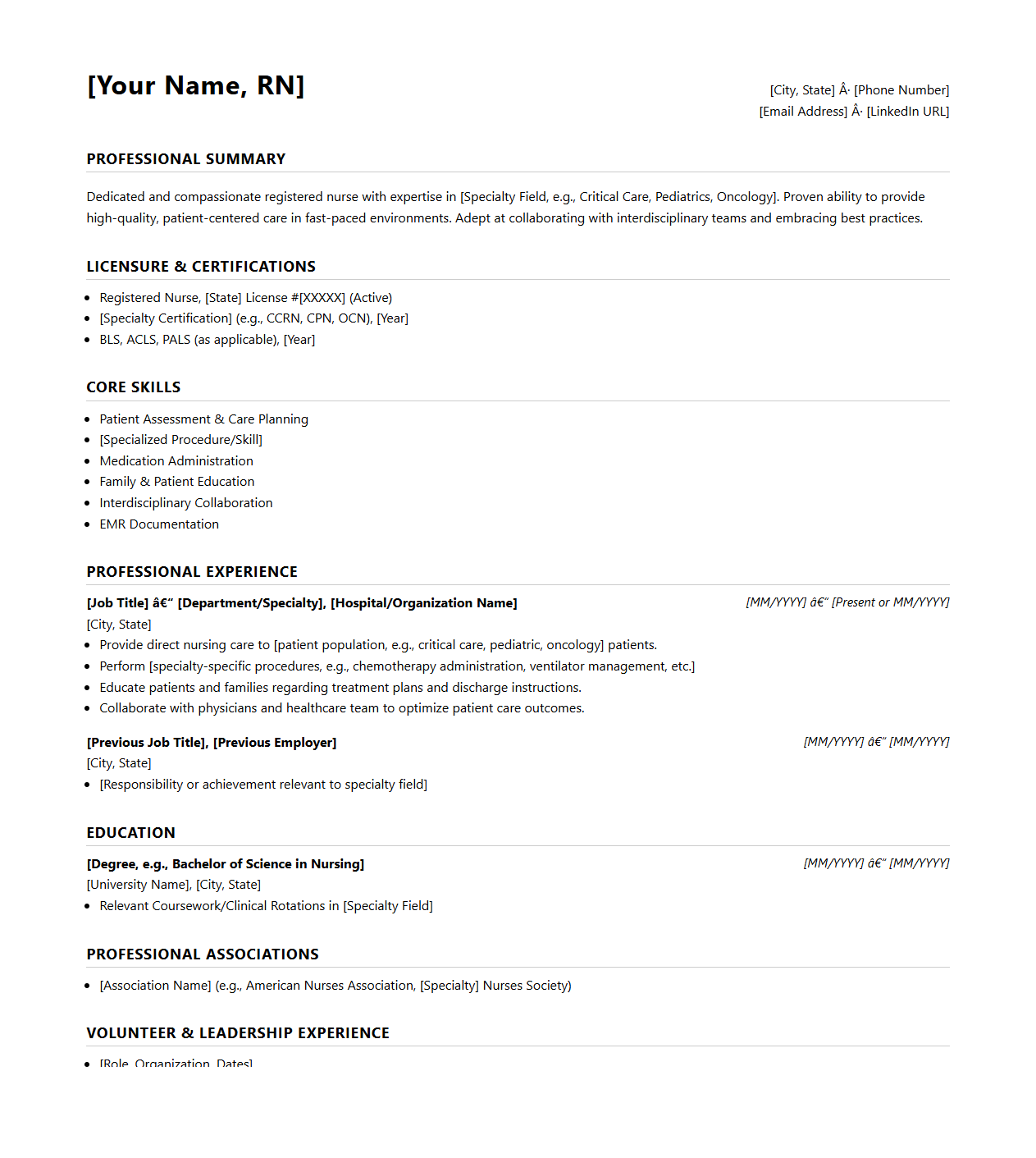 Clean Nurse Resume Framework for Specialty Fields