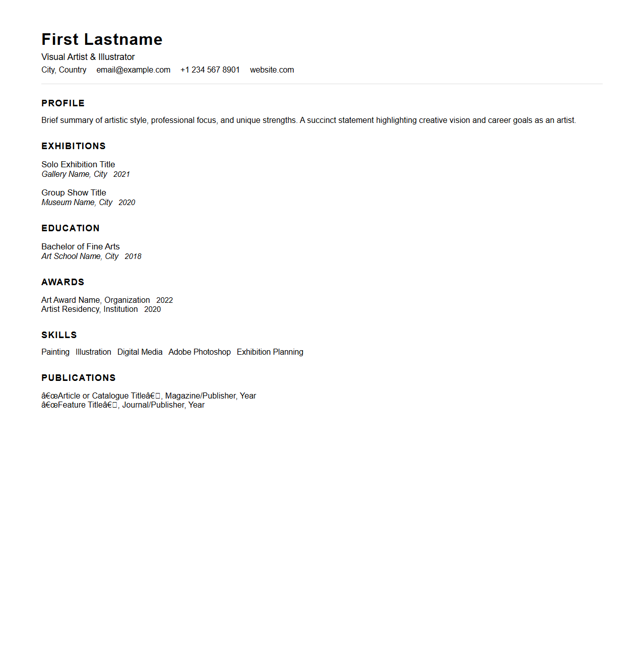 Clean Professional Resume Template for Artists