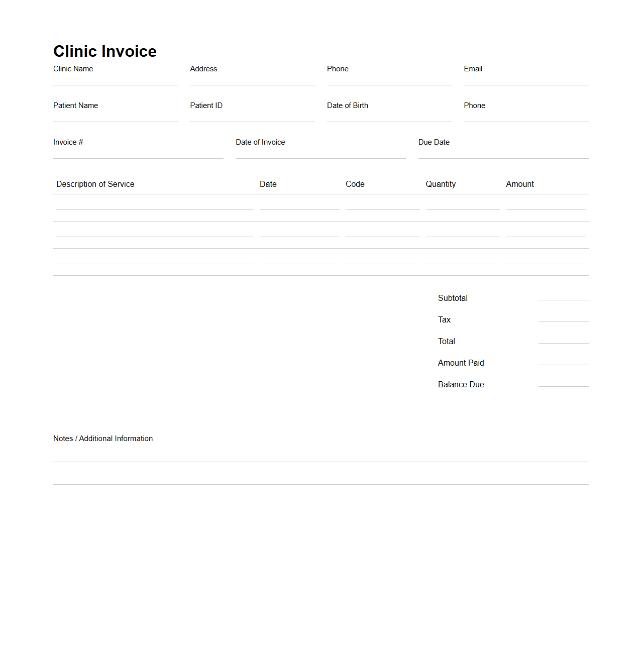 Clinic Invoice Blank Statement Sample