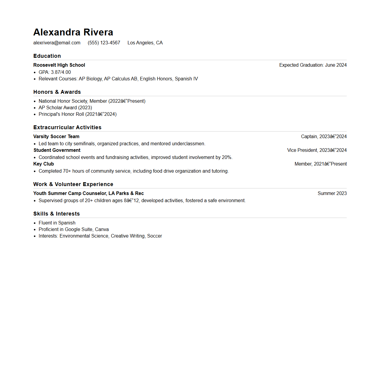 College Entrance Resume Example for High School Seniors
