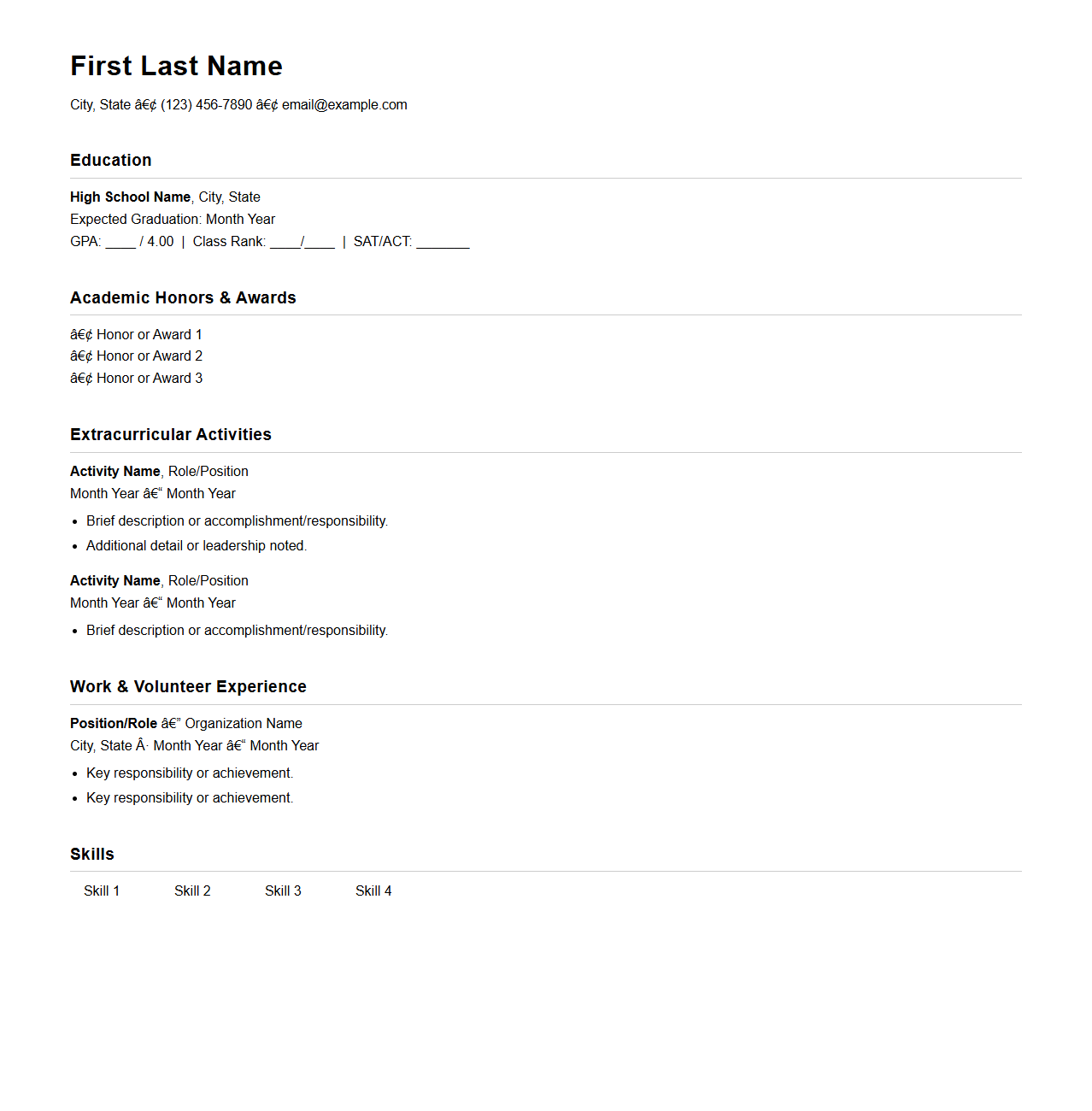 College-Oriented High School Resume Template for Applications